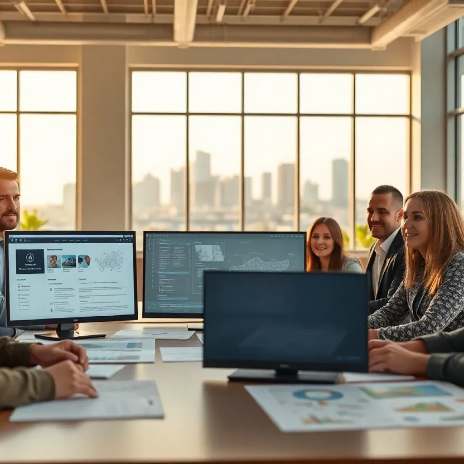 Diverse team collaborating in a modern Austin office with screens showing service directory and construction blueprints