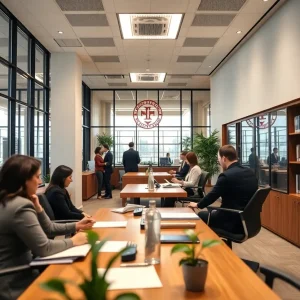 Office environment showcasing collaboration in a law firm after acquisition