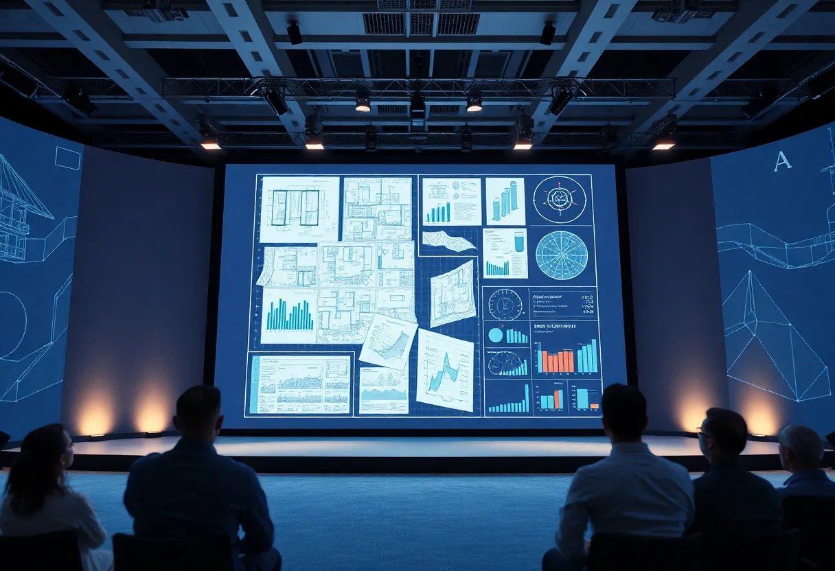 Digital construction blueprint with AI overlays and software integration icons