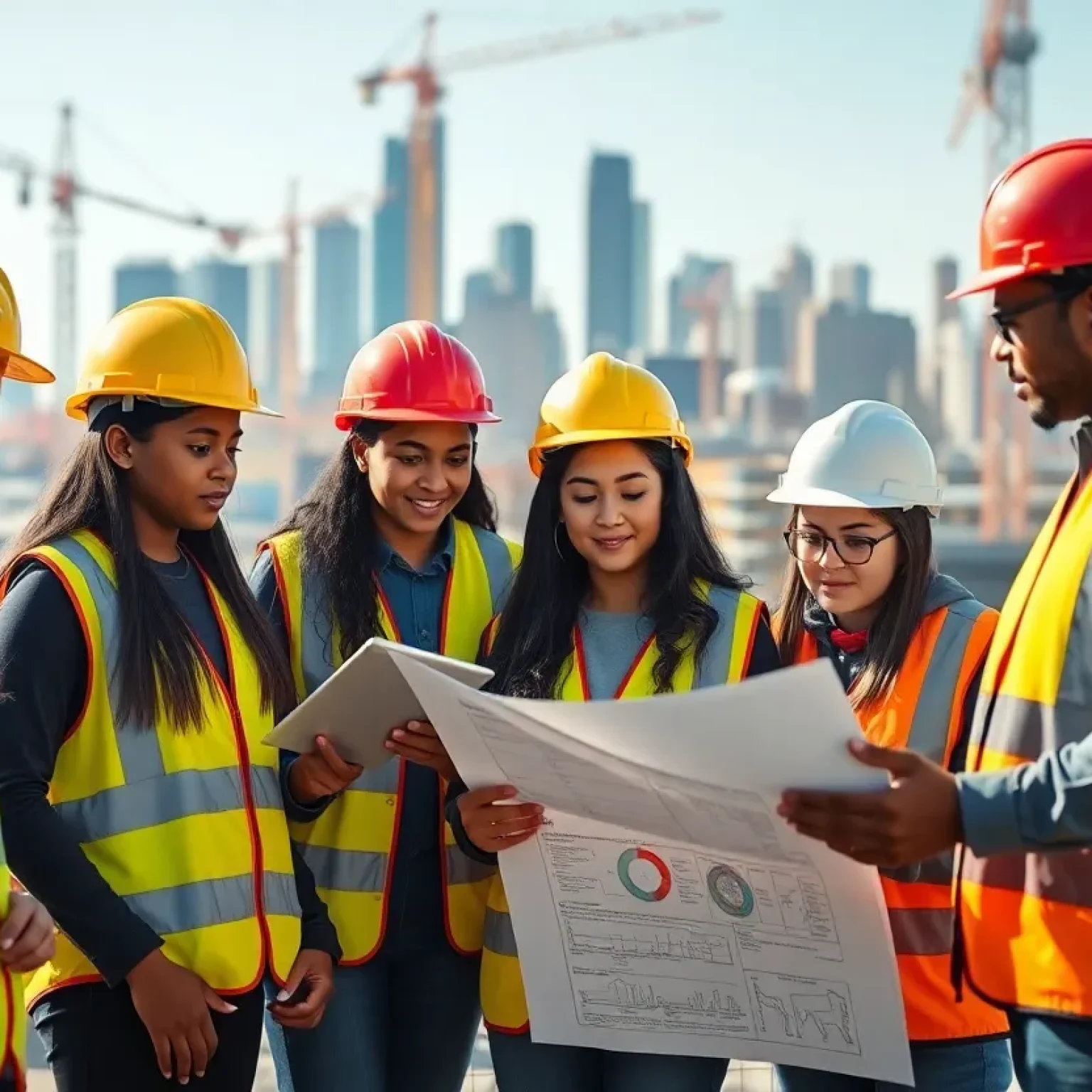 Diverse group of high school interns in hard hats and safety vests reviewing blueprints and tablets at a construction site