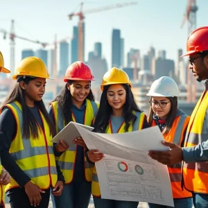 Diverse group of high school interns in hard hats and safety vests reviewing blueprints and tablets at a construction site