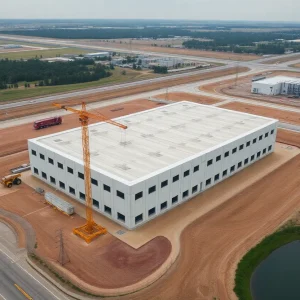 Aerial view of powered shell data center construction and nearby substation sites in Chantilly