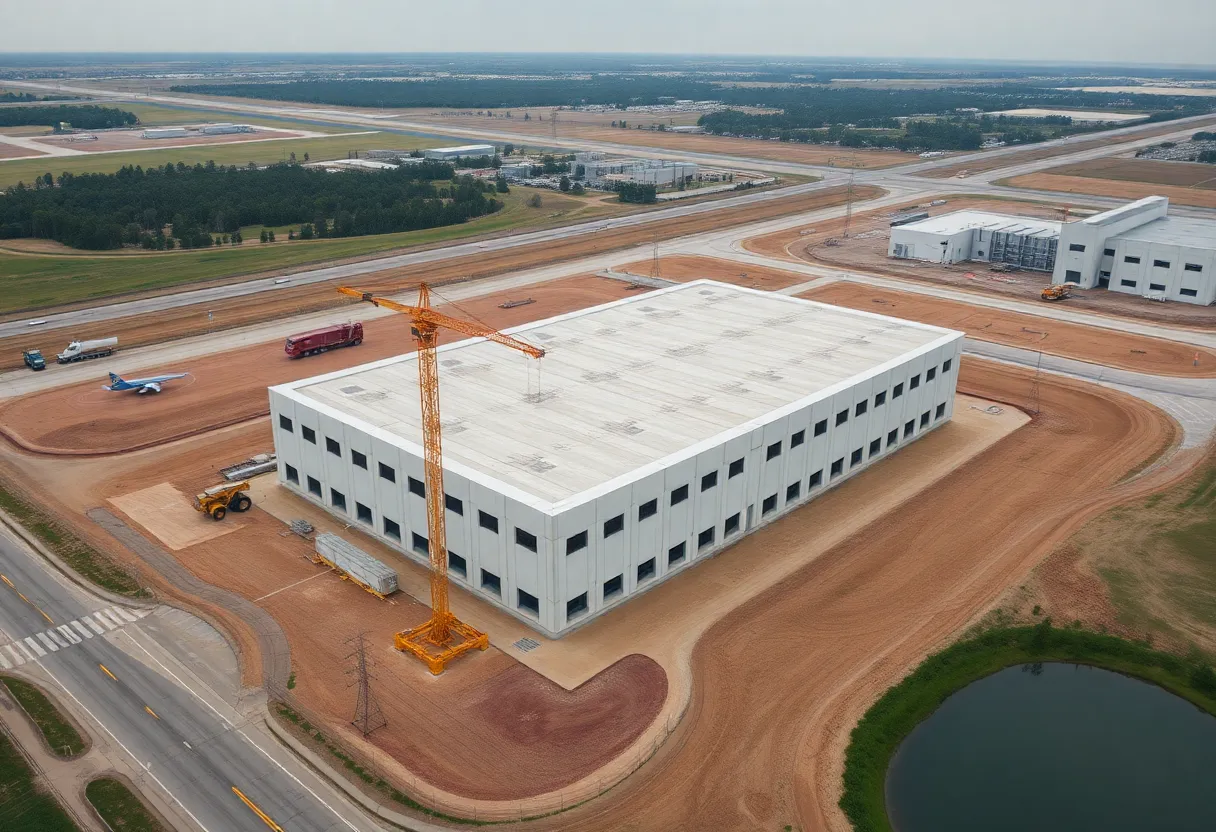 Aerial view of powered shell data center construction and nearby substation sites in Chantilly