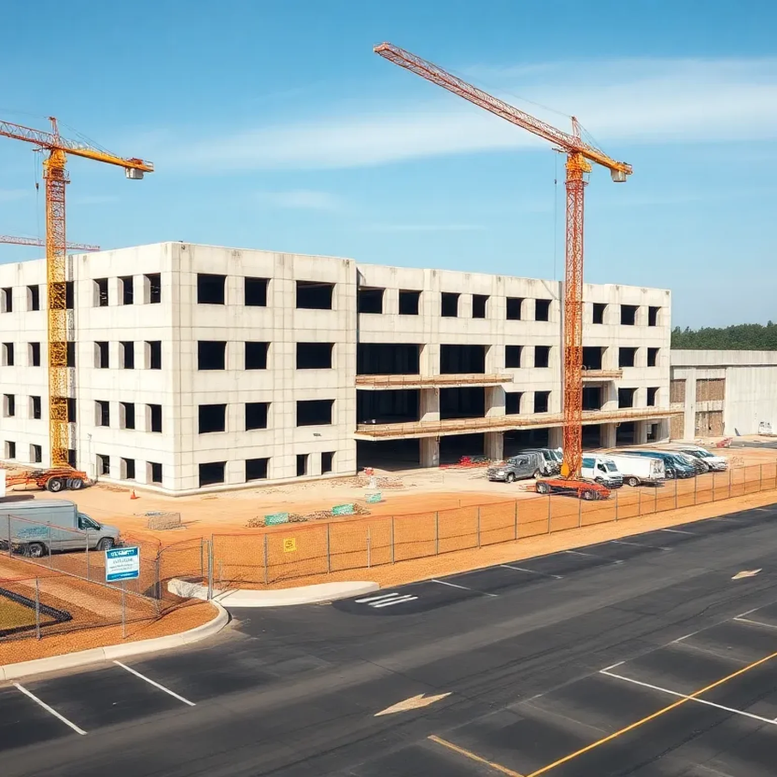 Three-story data center shell under construction with crane, construction vehicles, fencing and parking area in Fairfax County