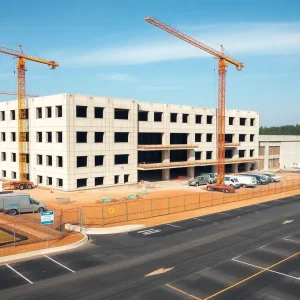 Three-story data center shell under construction with crane, construction vehicles, fencing and parking area in Fairfax County