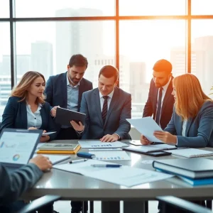 Office team discussing financial strategies in an accounting firm