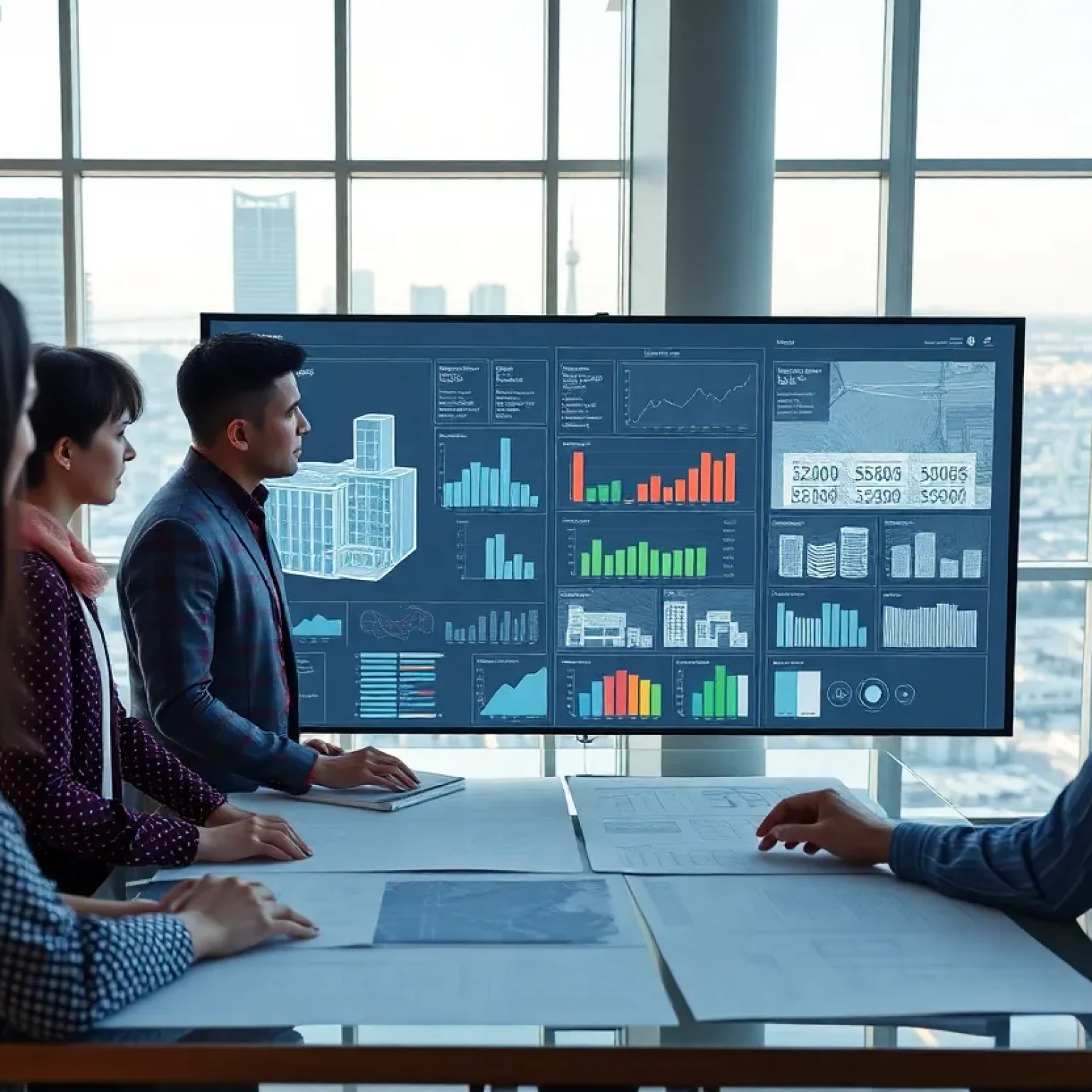 Team collaborating around a large digital screen showing AI-driven preconstruction interface and cost visualizations in an office with a city skyline.