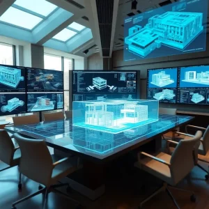 Workspace showing 3D BIM models and digital twin visualizations on multiple screens