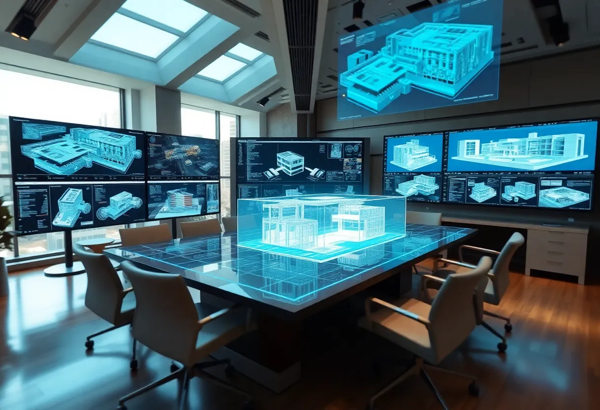 Workspace showing 3D BIM models and digital twin visualizations on multiple screens