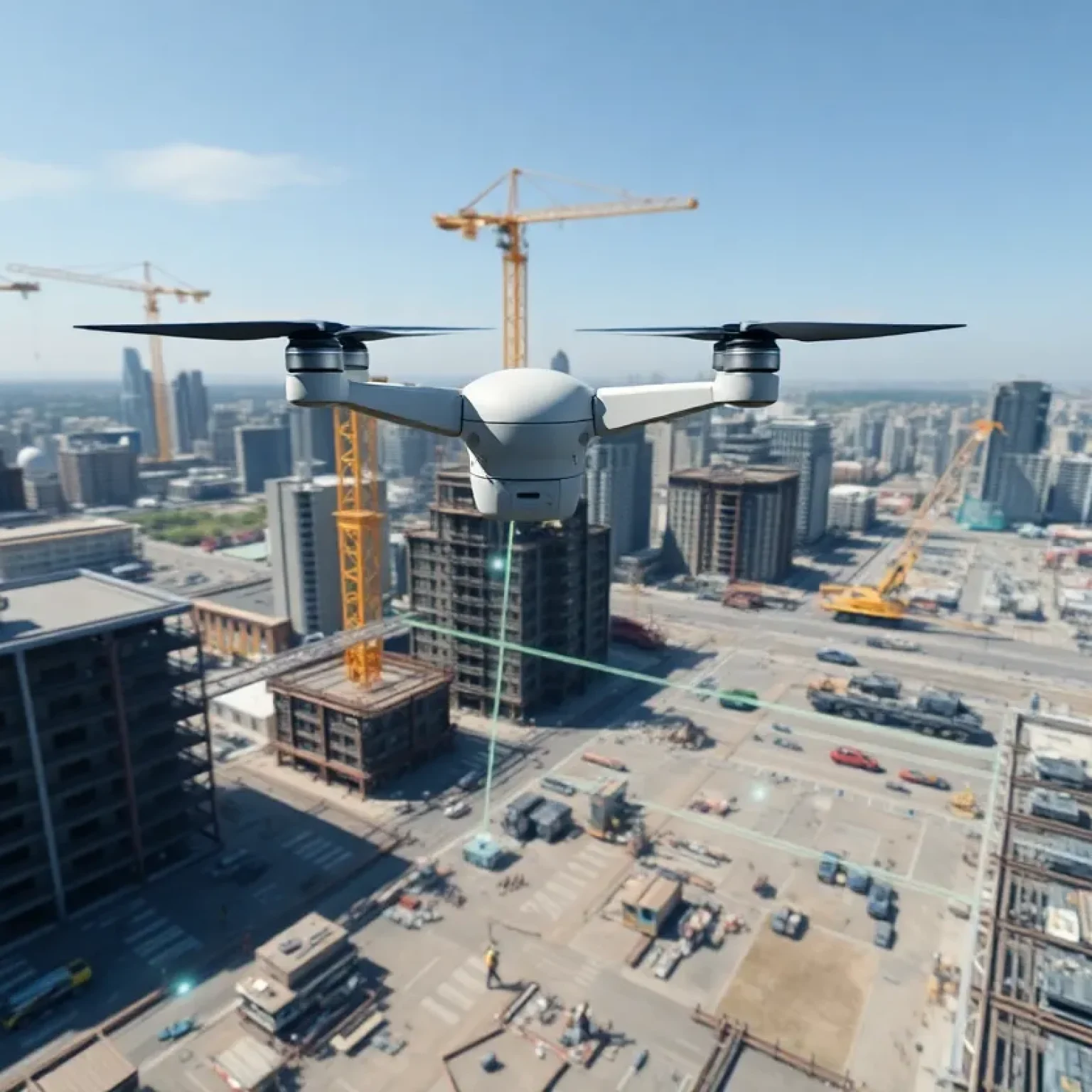 Multiple drones surveying a construction site with 3D mapping and LiDAR overlays integrating with BIM