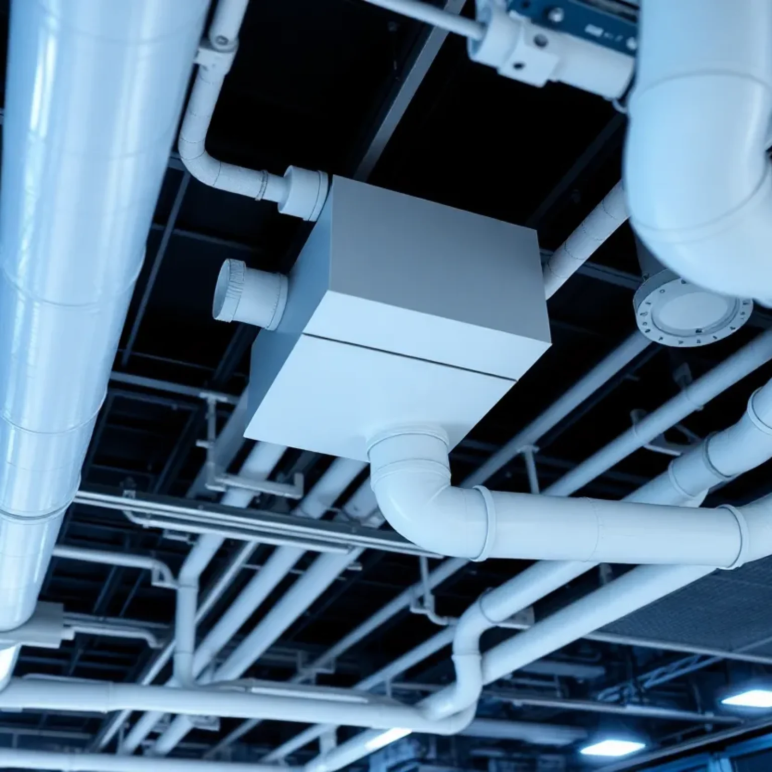Plenum-rated CPVC piping routed above a data center ceiling alongside cable trays and overhead lighting
