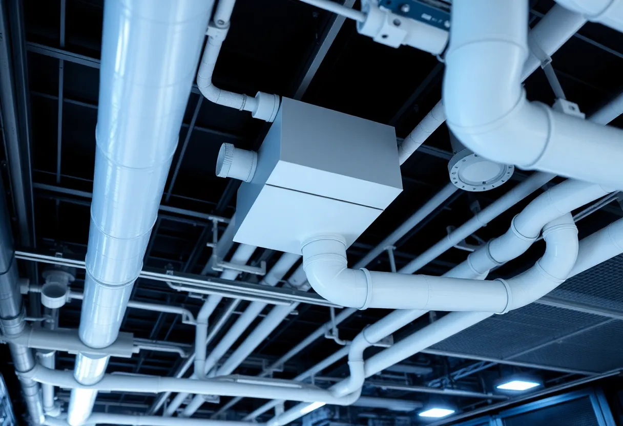 Plenum-rated CPVC piping routed above a data center ceiling alongside cable trays and overhead lighting