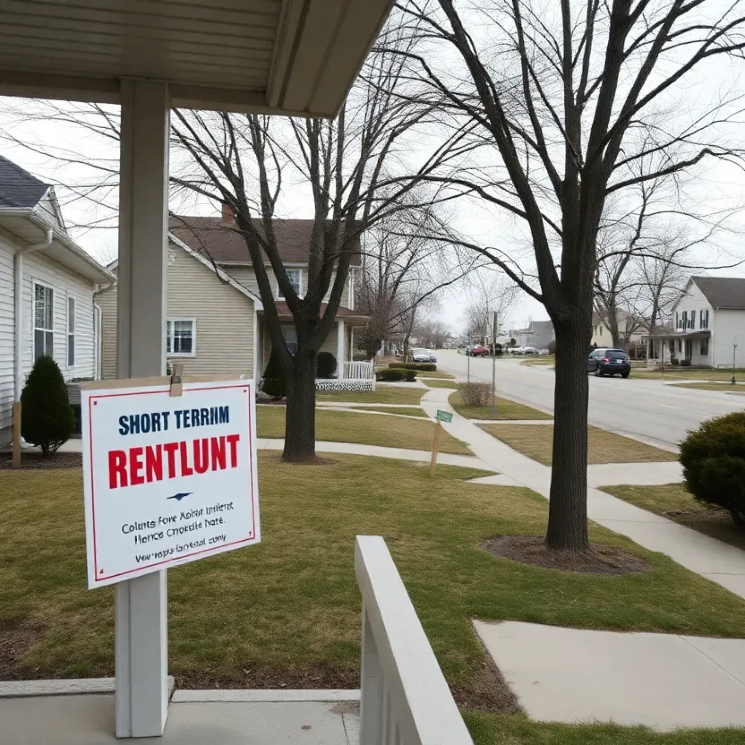 Suburban homes with a short-term rental sign and an inspection checklist on a porch in DuPage County