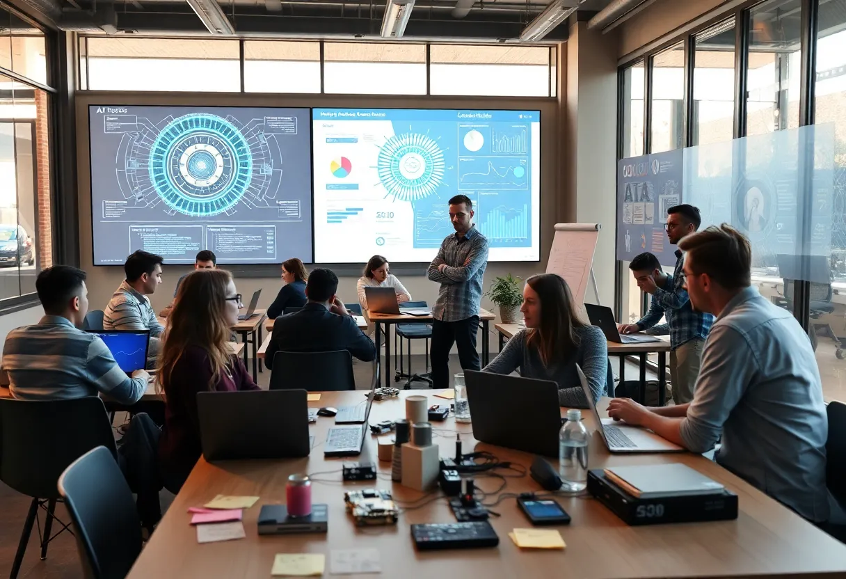 Startup teams collaborating in a modern incubator with AI visualizations on large screens