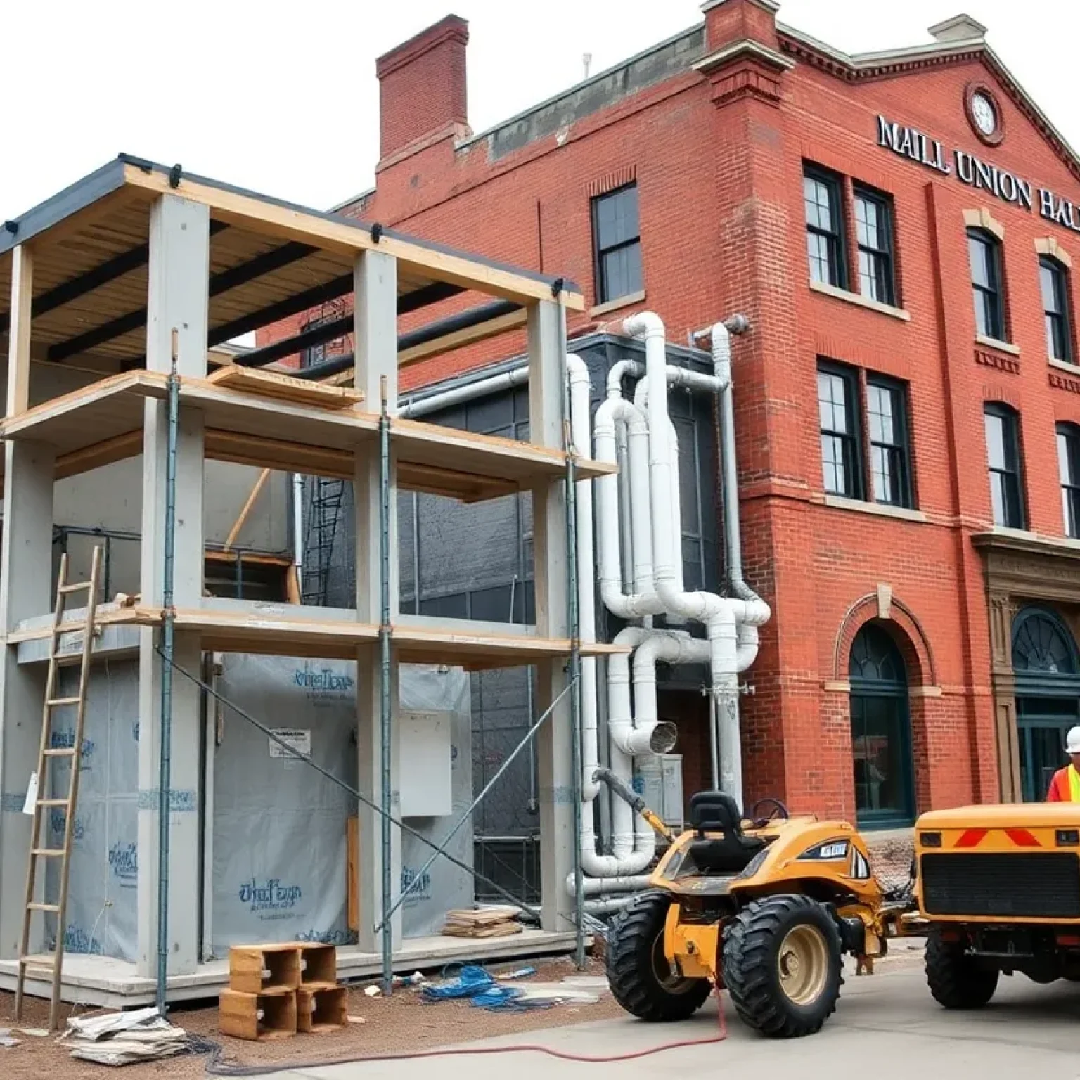 Construction site with building shell and exposed piping next to a union hall in Escanaba