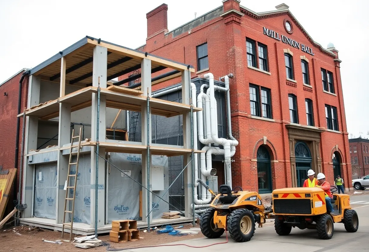 Construction site with building shell and exposed piping next to a union hall in Escanaba