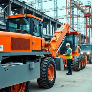 Construction workers with modern machinery on-site