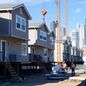 Workers assembling modular homes at a construction site on Staten Island.