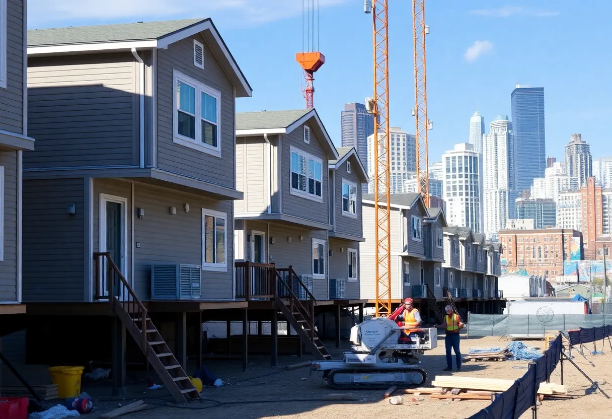 Workers assembling modular homes at a construction site on Staten Island.