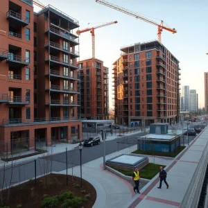 Construction of mixed-income Palladium Buckner Station next to Buckner DART Light Rail Station with pedestrian promenade