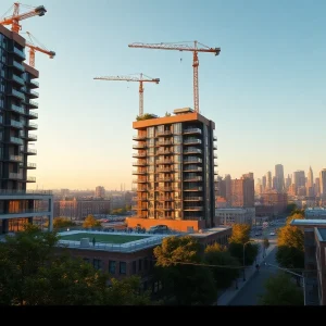 Two new mid-rise apartment buildings rising above podiums with cranes, rooftop pool and Northern Liberties skyline in the background