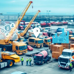Digital dispatch dashboard overlaying cranes, concrete pumps and waste collection vehicles in an equipment yard