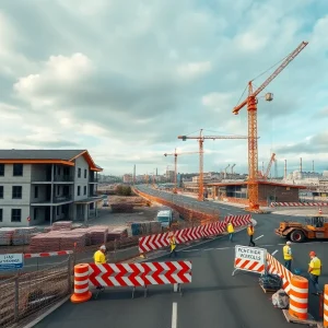 Active construction site with cranes, excavators, workers and materials across school, road and industrial projects