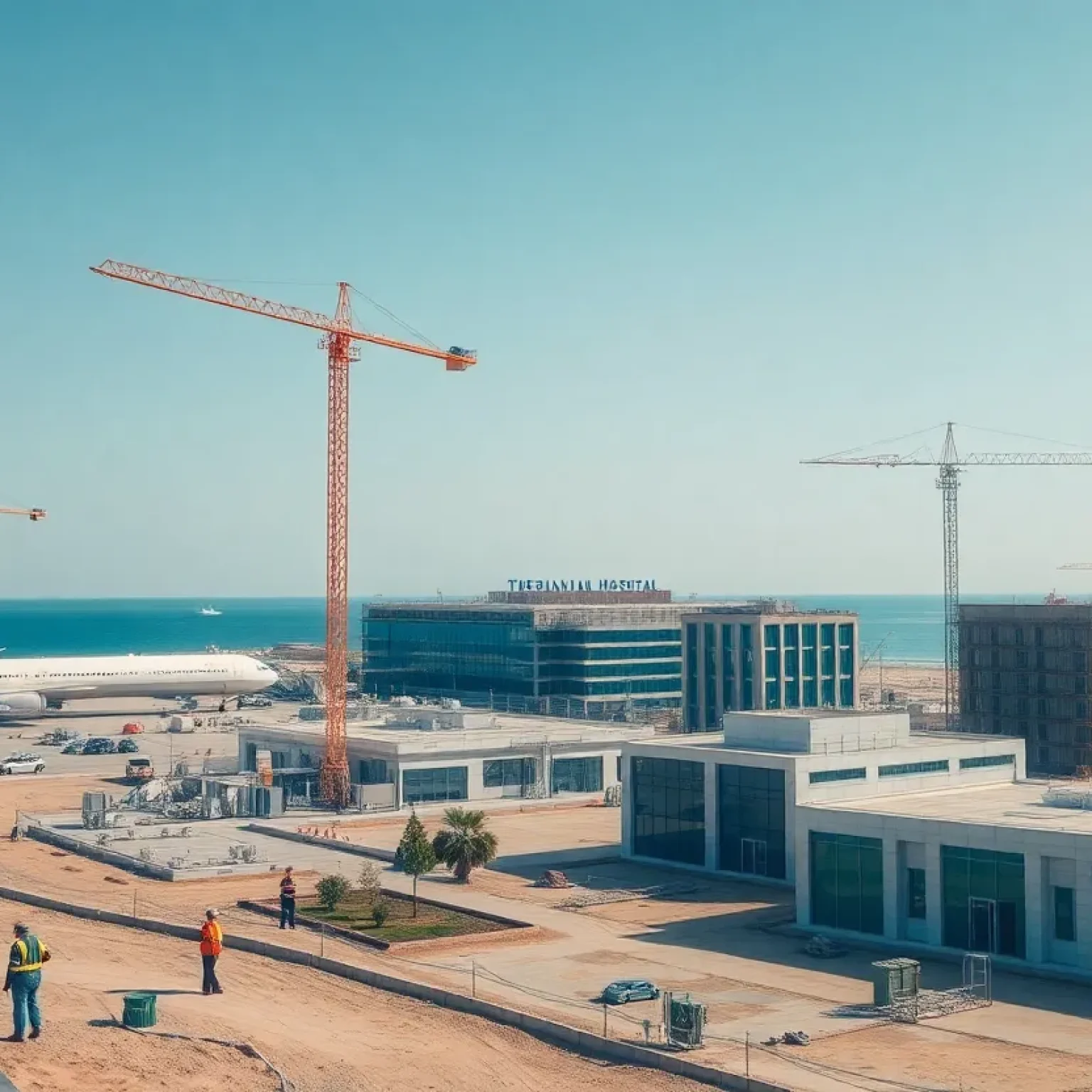 Panoramic view showing airport expansion, desalination plant and urban construction along a coastal city