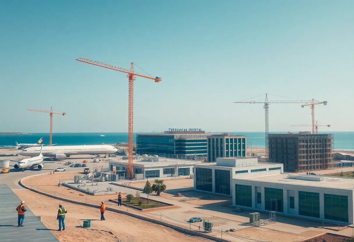 Panoramic view showing airport expansion, desalination plant and urban construction along a coastal city