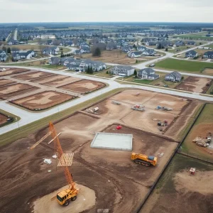 Aerial view of undeveloped lots and partially built houses in a suburban development