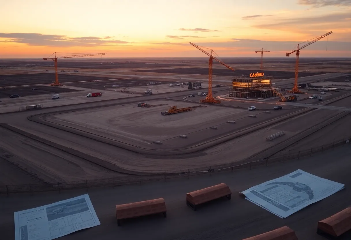Rendering of a casino and racetrack construction site near South Sioux City with cranes and construction equipment